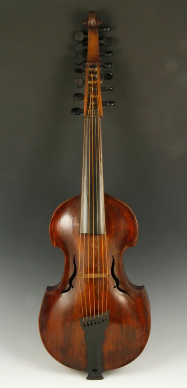 18th C. Viola D'Amour: Early 18th century viola d'amour, birdseye maple with finely carved scroll spruce top, labeled inside: Tuscany, Spinelli Anoldo, 16"l (back).