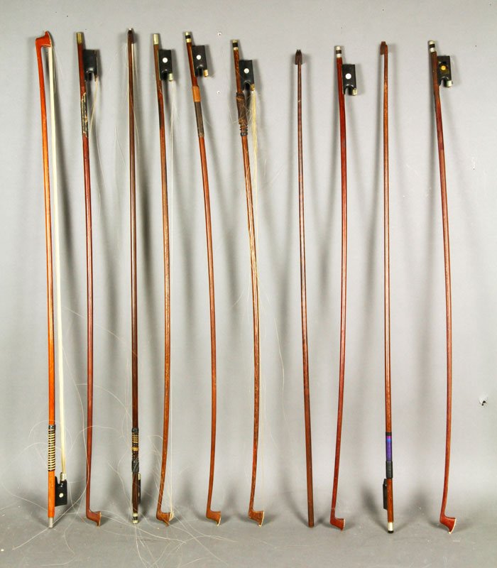 Lot of 10 Assorted Violin Bows: Lot of ten assorted violin bows from assorted makers, 30"l.