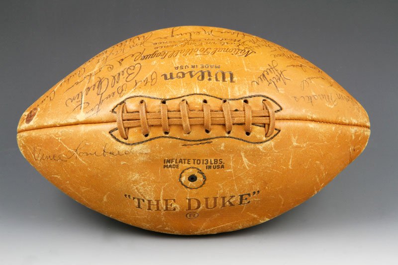 Green Bay Packers Signed Football: Green Bay Packers signed football, 1960 NFL Champions game ball, official "The Duke" NFL football signed with 45 signatures to include: Vince Lombardi, Steve Meillinger, Norm Masters, Emlen Tunnell, K