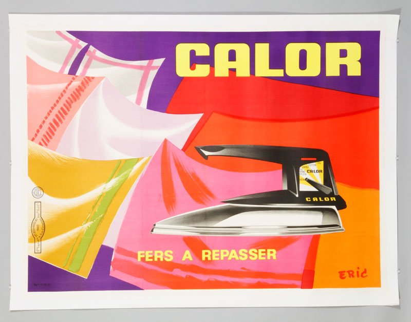 French Art Deco "Calor" Poster: French, Art Deco "Calor" advertising poster, signed lower right inside print, Eric Modele Deposit St. Eploit imp, 44 1/2"h x 60"w.