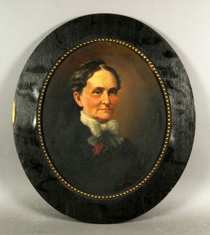19th C. Portrait of Wealth Maria Hart (Hanson) Brewer: 19th century, portrait of Wealth Maria Hart (Hanson) Brewer, oil on board, painted by her step-daughter Elizabeth Brewer Fisher in 1899, signed lower right, 16"h x 13 1/2"w (view), 22"h x 20"w (frame)