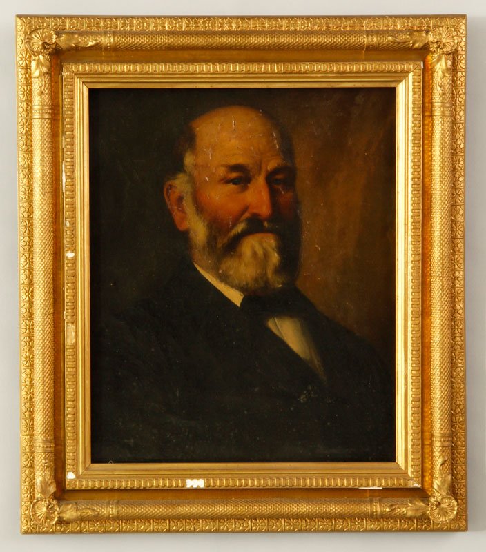 Fisher, Portrait of C. A. Brewer, O/C: Flavis J. Fisher (American 1832 - 1905), portrait of Cyrus Albert Brewer, oil on canvas, 27"h x 22"w (view). Craquelure, in need of reline.