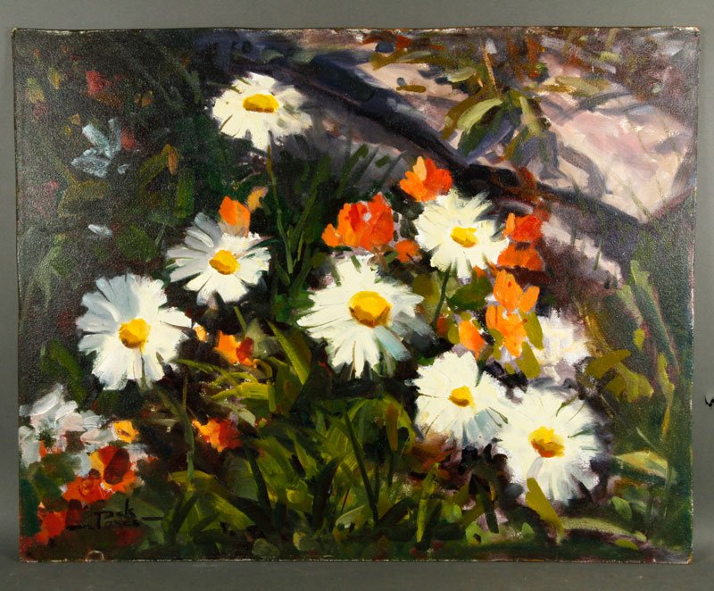 5 Oil Paintings by Jones: Lot of five paintings by Jack Jones (American 1940-2011), to include: floral still life, oil on masonite, unframed, signed lower left, 22"h x 28"w; Gloucester Harbor, oil on masonite, unframed, unsign