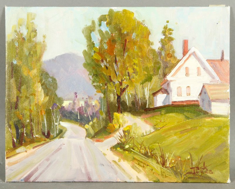 5 Oil Paintings by Jones: Lot of five paintings by Jack Jones (American 1940-2011), to include: Gates Farm, Waterville Vermont, oil on masonite, unsigned, 20"h x 24"w; Belvidere, Vermont, covered bridge, oil on artist board, u