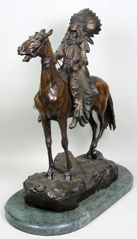 20th C. Sculpture by Carl Kauba: 20th century sculpture by Carl Kauba (Austrian, 1865 - 1922), Native American on horseback, on green marble base, 23" high x 19" wide.