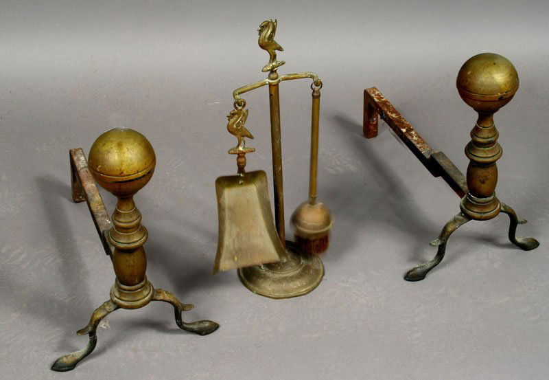 Pair of 19th C. Andirons and Fireplace Tool Set: Pair of early 19th Century American andirons and mid 19th Century fireplace tool set with bird motif; andirons 13"h. Fair condition.