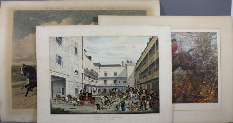 Group of Three (3) English Prints: Group of three (3) English prints, including: "The Royal Mails Preparing to Start", by J. Watson, London, 21 3/4" x 29 1/2" (overall), some foxing, two punctures top center; "The Royal Mail Coach", by