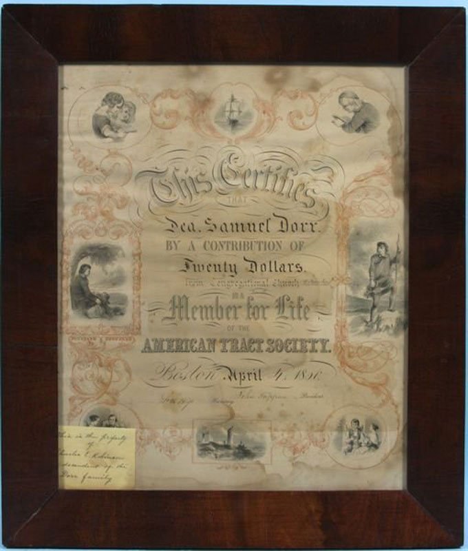 American Tract Society certificate, Boston, 1850: American Tract Society certificate presented to Samuel Dorr, Boston, April 4th, 1850, 15" x 12 1/4" (image), 19" x 16 1/2" in the original flame mahogany frame. Some discoloration to paper. Property o