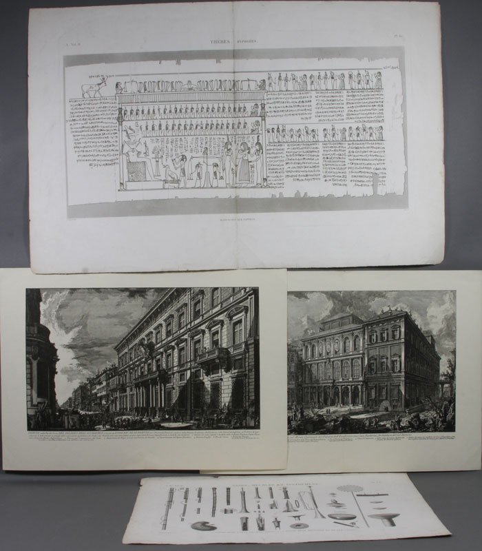 (4) Prints, Egyptian Instruments, Piranesi, etc.: Group of four (4) prints, to include: 19th Century, Duhamel sc., Egyptian wind and percussion instruments, 19th Century, Leclerc sc., Thebes Hypogees Papyrus fold-out, (2) 20th Century two-part bookpl
