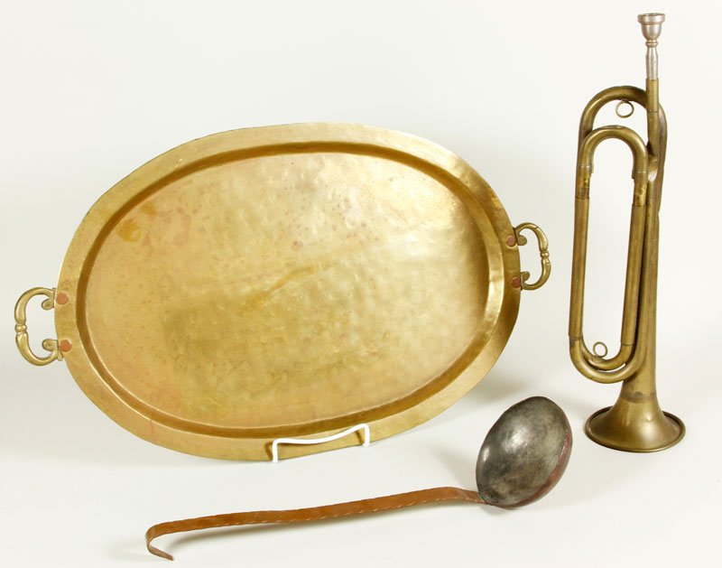 Larosa Brass Horn: Larosa brass horn, inscribed L.I.N.Y., with Russian brass tray and copper ladle.