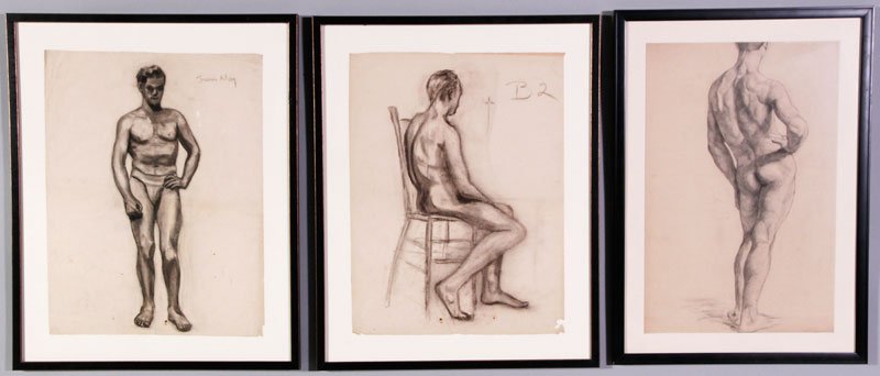 Nay, 3 Nudes, Drawing: Jean Nay, lot of three nudes, charcoal and drawing, one signed upper right, 24 1/2" x 19", 31" x 25" (frame).