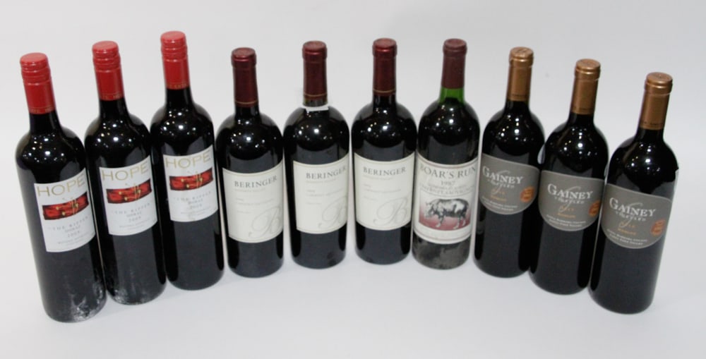 Assorted Fine Wine: (10) 750ml bottles, to include: (3) Gainey merlot, 2015; (1) Boar's Run cab sauv, 1987; (3) Hope "The Ripper" shiraz, 2009; (3) Beringer Knights Valley cab sauv, 2005.