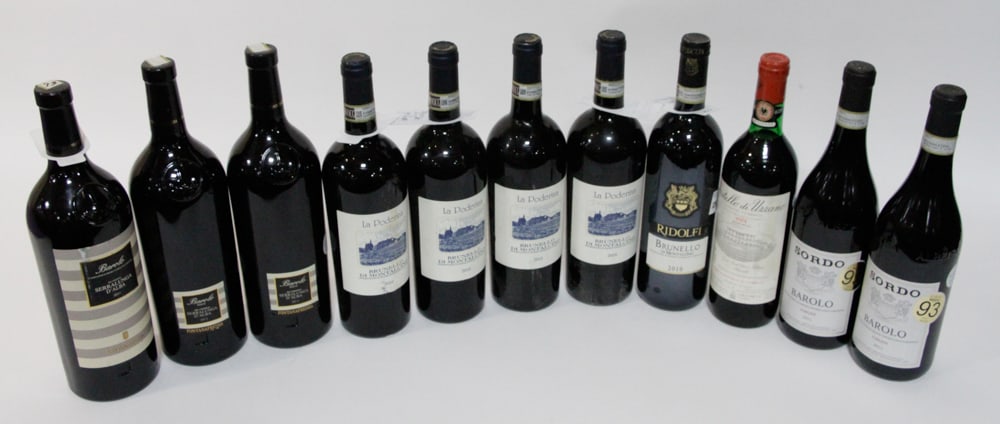 Assorted Fine Wine: (11) bottles, to include: (3) 1-liter bottles of Barolo Serralunga d'Alba, 2011-2013; (2) 750ml bottles of Sordo Barolo Parussi, 2011; (1) 750ml bottles of Castello di Uzzano chianti, 1974; (4) 750ml 