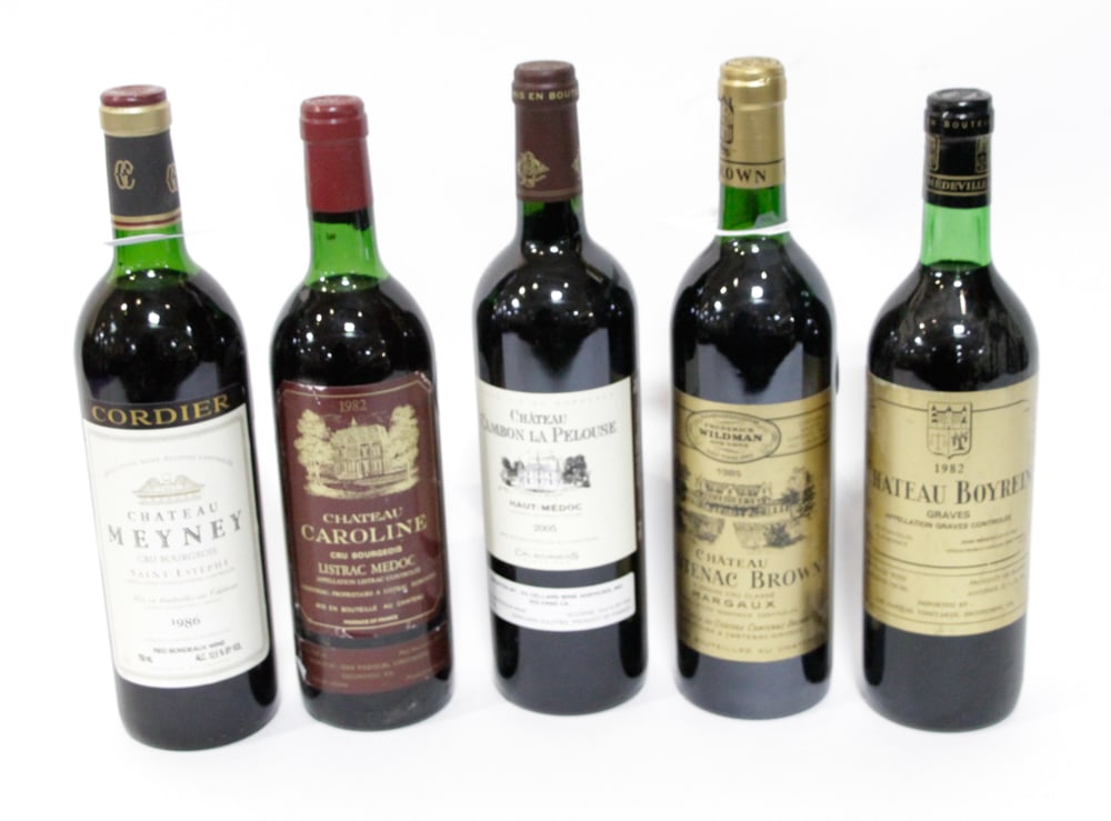 Assorted Fine Wine: (5) 750ml bottles, to include: (1) Chateau Meyney St. Estephe, 1986; (1) Chateau Cambon La Pelouse Haut Medoc, 2005; (1) Chateau Caroline Listrac Medoc, 1982; (1) Chateau Cantenac Brown Grand Cru Marg