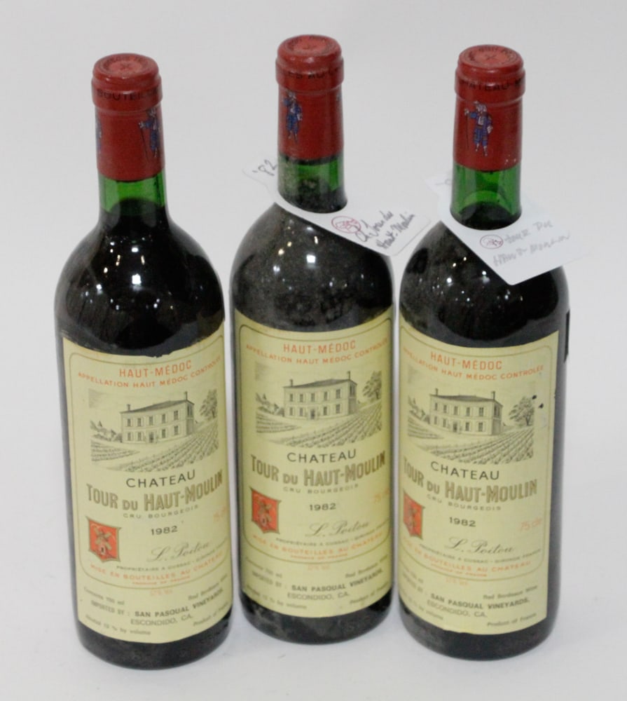 Assorted Fine Wine: (3) 750ml bottles of Chateau Tour du Haut Moulin Haut Medoc, 1982.