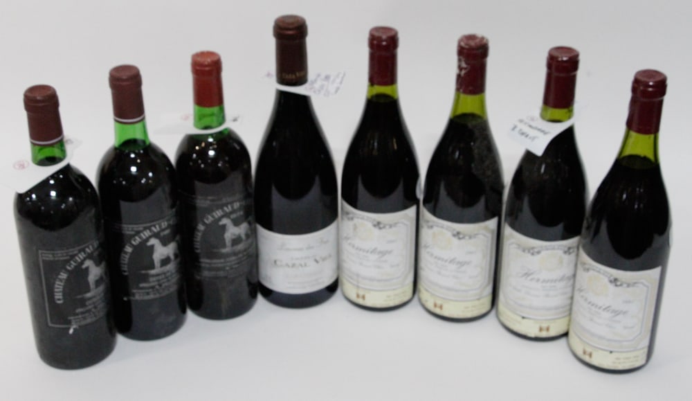 Assorted Fine Wine: (8) 750ml bottles, to include: (4) Hermitage red, 1991; (1) Chateau Cazal Viel Saint Chinian, 1998; (3) Chateau Guiraud-Cheval-Blanc Cotes de Bourg, 1974, 1979,and 1980.