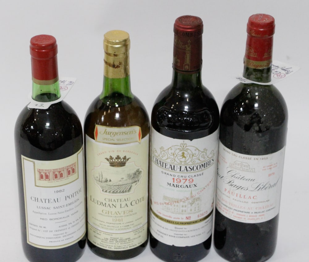 Assorted Fine Wine: (4) 750ml bottles, to include: (1) Chateau Haut-Bages Liberal Pauillac Grand Cru, 1978; (1) Chateau Lascombes Grand Cru Margaux, 1979; (1) Chateau Ludeman La Cote Graves, 1981; (1) Chateau Poitou Luss