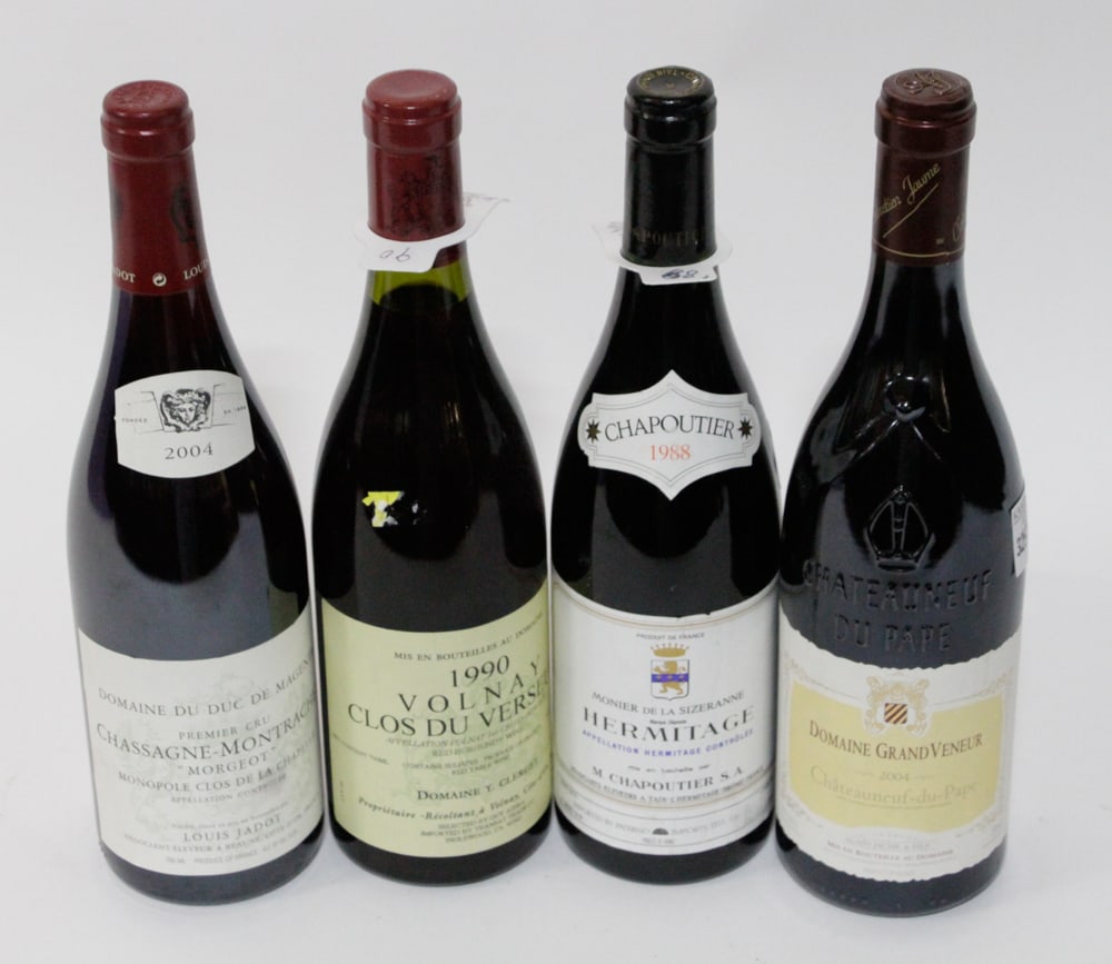 Assorted Fine Wine: (4) 750ml bottles, to include: (1) Domaine Grand Veneur Chateauneuf-du-Pape, 2004; (1) Chapoutier Hermitage, 1988; (1) Louis Jadot Chassagne-Montrachet Morgeot, 2004; (1) Domaine Y. Clerget Volnay Clo