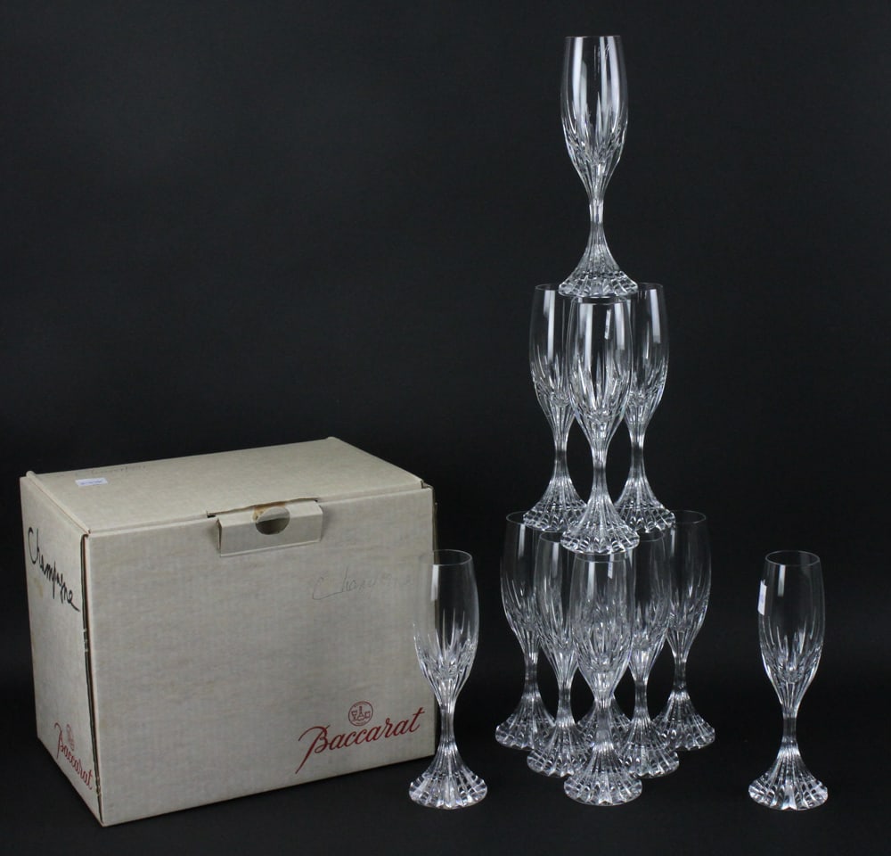 Baccarat Massena Crystal Champagne Glasses: Baccarat Massena crystal stemware, set of (12) champagne glasses, 8 1/2" H.