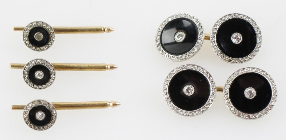 14k Gold, Diamond and Onyx Cufflink and Shirt Stud Set: 14k yellow/white gold, diamond and onyx 9-piece cufflink and shirt stud set. Approximately 27.93 grams TW. PLEASE NOTE: payment for silver, gold, jewelry, and coins must be made via wire transfer, cas