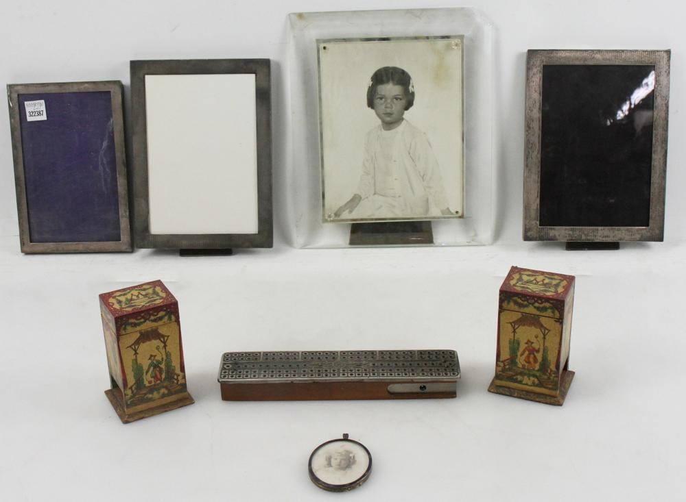 Sterling Frames, Painted Boxes, Cribbage Board: Group of items, to include: vintage sterling frames, three large, one oval; pair of painted boxes, John J. Mitchell par Edward Thorne 1930; old Cribbage board. Provenance: Mitchell-Armour Estate.