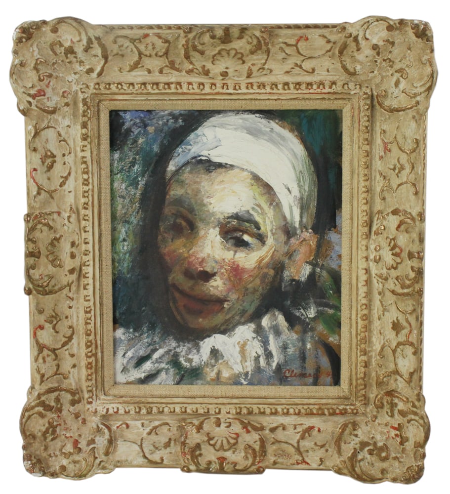 Paul Clemens, Portrait of Harlequin, Oil on Board: Paul Clemens, portrait of a harlequin, oil on board, signed L/R and dated 42, 12" x 10", framed 19" x 16".