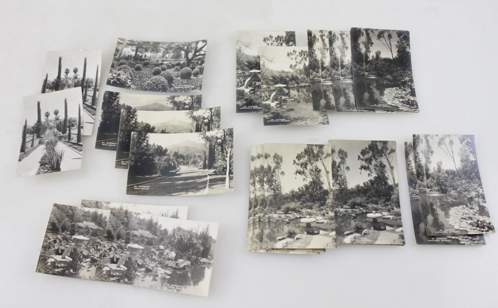 Photo Postcards of El Mirador Estate Gardens and Grounds: Photo postcards of El Mirador Estate, Montecito, Santa Barbara, California, Japanese gardens and grounds, (20) total, 3 1/2" x 5 1/2". Provenance: Mitchell-Armour Estate.