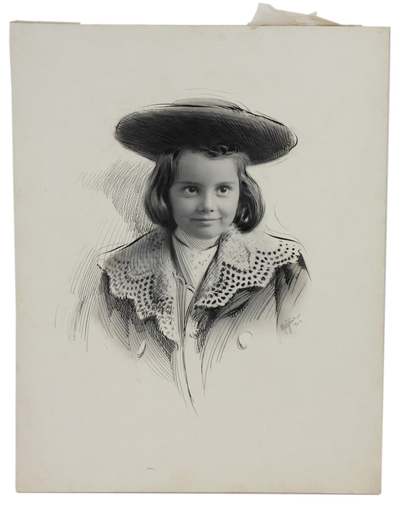Lolita Armour Ink Drawing over Photograph, 1902: Lolita Armour ink drawing over a photograph, signed 1902, 13" x 11". Provenance: Mitchell-Armour Estate.