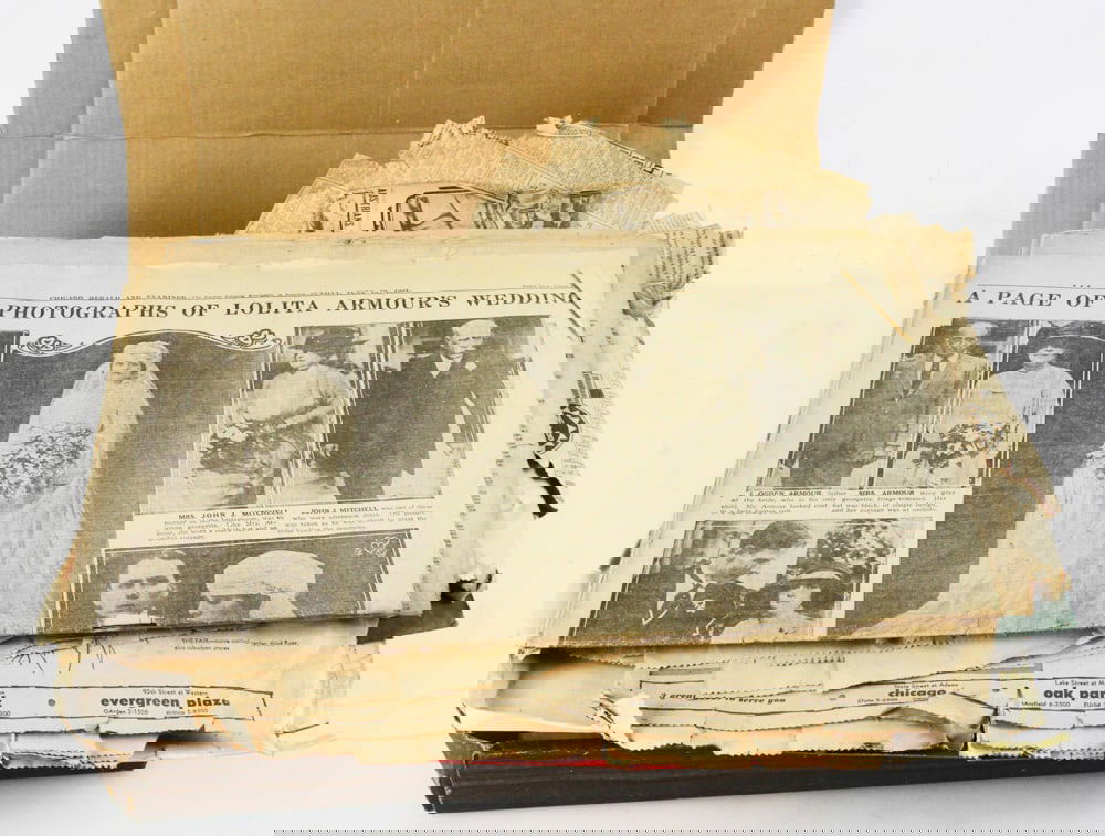Armour / Mitchell Wedding Newspaper Articles: Assorted newspaper lot including articles on the wedding of Lolita Armour and John J. Mitchell, Santa Barbara Daily News 1919, San Francisco Examiner, Los Angeles Times 1921, Chicago Post 1921, approx