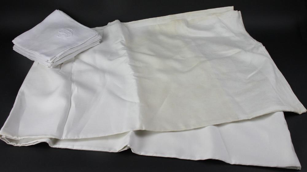 Vintage Tablecloth and Napkins, Embroidered for Armour: Vintage tablecloth and (16) napkins embroidered "A" for "Armour". Provenance: Mitchell-Armour Estate.
