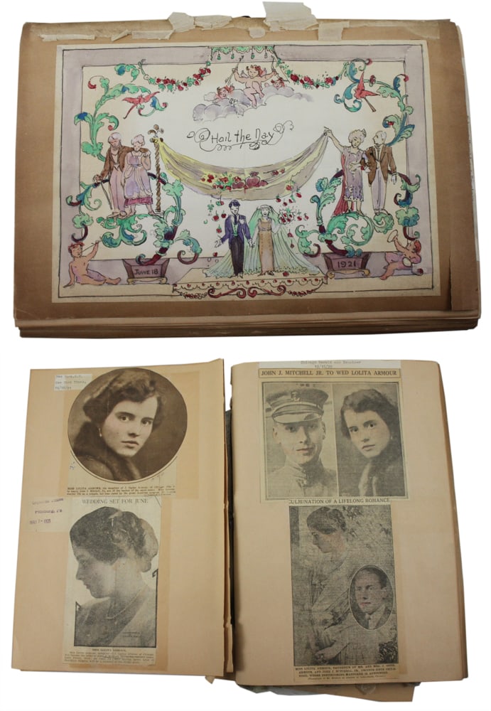 Rare 1921 Armour / Mitchell Wedding Album, Telegrams: Rare 1921 album, wedding of Miss Lolita Ogden Armour to John J. Mitchell, Jr., Mellody Farm, Lake Forest, Illinois, news clippings, Western Union telegrams, including Theodore Roosevelt telegram. Prov