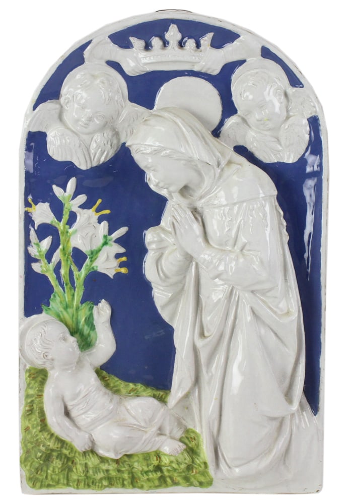 Early 20thC Cantagalli Italy Madonna with Child: Early 20th century Cantagalli Firenze Italy plaque, Madonna and child with cherubs, with rooster mark, 19" x 12".