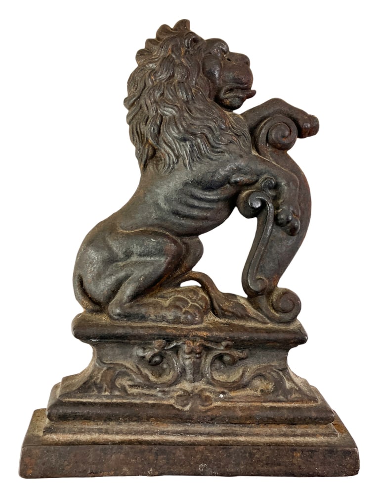 19thC Cast Iron Rampant Lion Door Stop, Signed: 19th century cast iron rampant lion door stop, signed on back, 14" x 9".