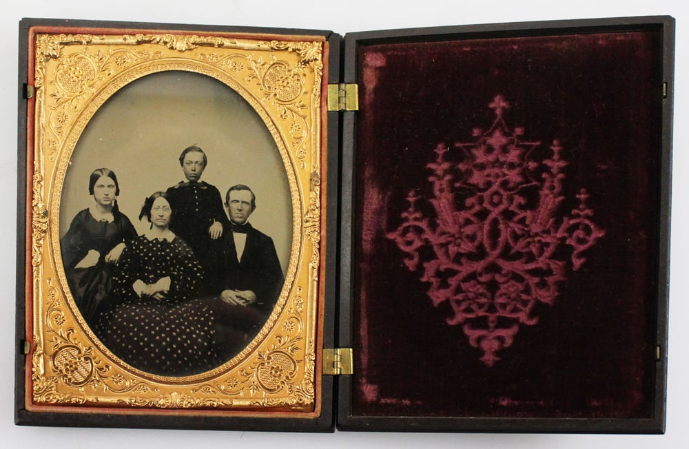 Ambrotype of the Dyer, Ford Family, Amherst, MA: Ambrotype of the Dyer, Ford Family from Amherst, Massachusetts, 1/2 plate photo in gutta percha case, 6" x 5". Good condition.