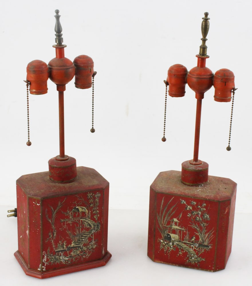 Pair of Vintage Asian Red Tole Lamps: Pair of vintage Asian red tole lamps, 19" x 7". Provenance: Mitchell-Armour Estate.