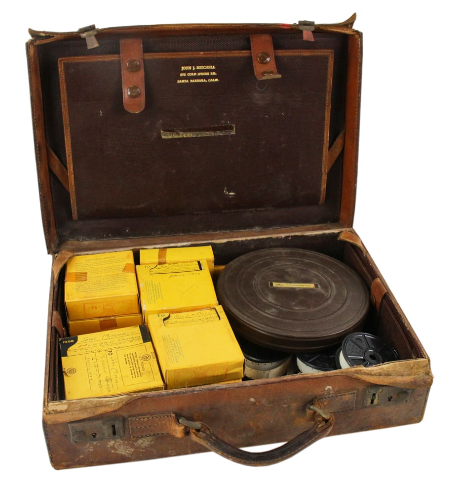 Collection of 1940s/50s Movie Reels, John J. Mitchell: Collection of movie reels, John J. Mitchell, 970 Cold Springs Rd, Santa Barbara, 1940s/50s, view of Hollywood, etc., in leather case. Provenance: Mitchell-Armour Estate.