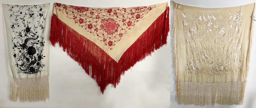 Chinese Embroidered Silk Shawls: Chinese embroidered silk shawls, lot of (3). Provenance: Mitchell-Armour Estate.