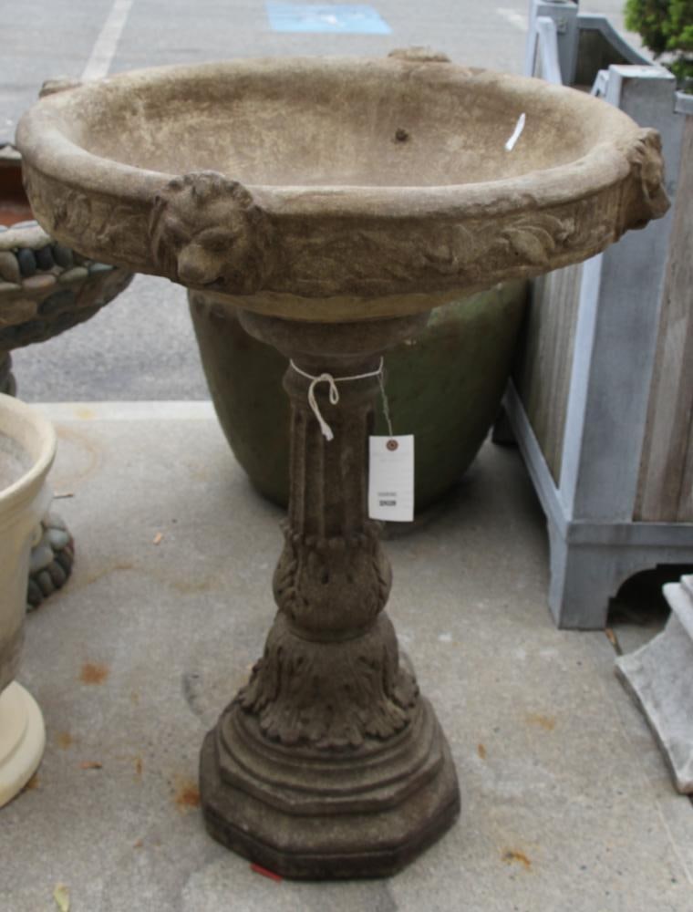 Stone Bird Bath: Stone bird batch, 38" H x 29".