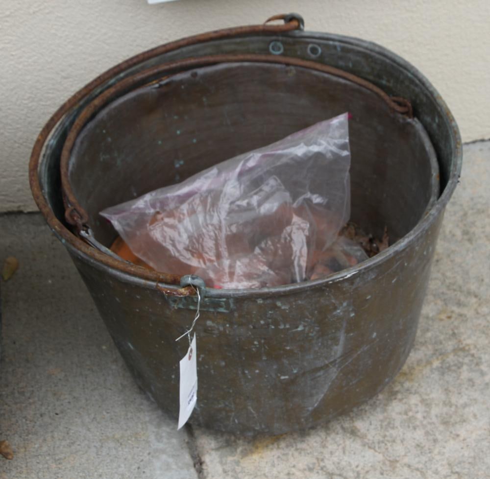 Two Old Brass Buckets: Two old brass buckets, 19" x 21".