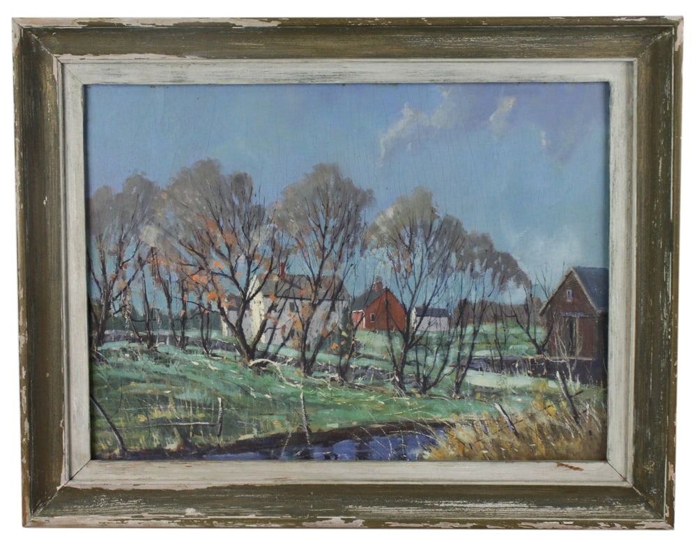 Pasquale d'Orsi, Sun & Shadow, Chelmsford Mass: Pasquale d'Orsi (1903-1982), "Sun & Shadow", "Chelmsford Mass", oil on board, signed verso, circa 1950, 18" x 24", framed 23" x 29".