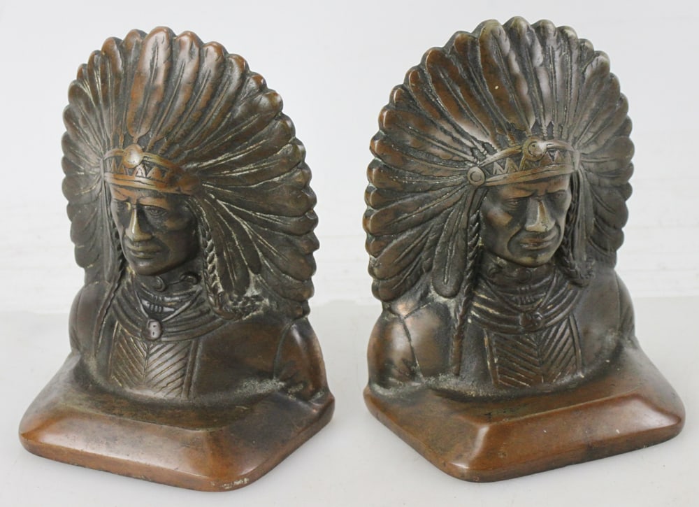 Chief Sitting Bull Bronze Bookends: Native American Chief Sitting Bull bronze bookends, circa 1920s, 6 1/2" H.
