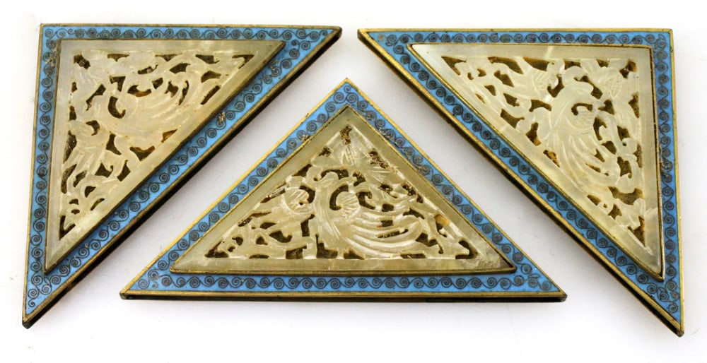 Chinese Enameled and Carved Jade Corners: Chinese enameled and carved jade corner, 5" x 3". Provenance: Mitchell-Armour Estate.
