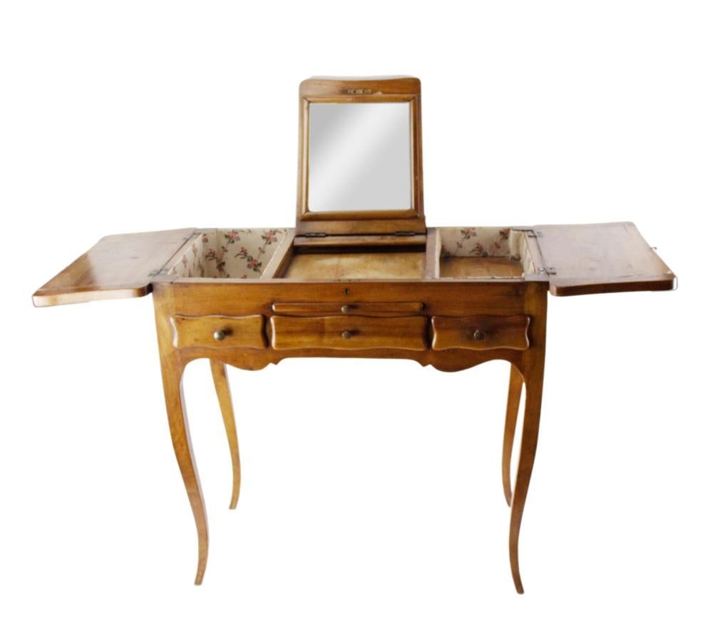 Louis XV Style Poudreuse Dressing Table: Louis XV style poudreuse dressing table with fold-down mirror, 28 1/2" H x 29" W x 17 1/2" D.