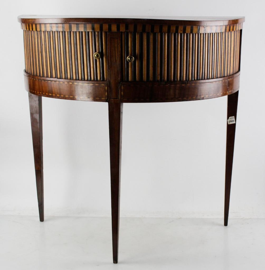 Antique Regency-style Demilune Inlaid Cabinet: Antique Regency-style demilune cabinet with satinwood inlay, 30" H x 30 1/2" W x 15" D.