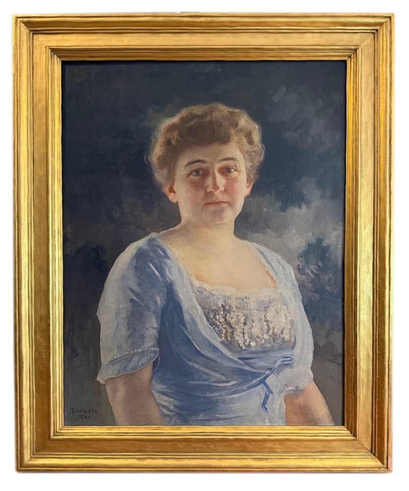 Portrait of Mary Howard Wildes Davis by Edmund Tarbell: Portrait of Mary Howard Wildes Davis, by Boston artist Edmund Tarbell (1862-1938), oil on canvas, signed and dated L/R, 30" x 22", framed 36" x 27", frame made by Thulin 1921. Provenance: Mitchell-Arm