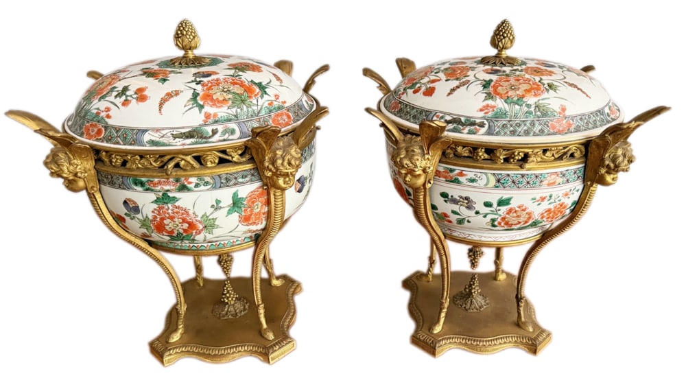 Pair of 18th/19thC Chinese Famille Verte Covered Compotes: Pair of 18th/19th century Chinese Famille Verte covered compotes having ormolu putti head mounts, 14" x 12". Provenance: Mitchell-Armour Estate.
