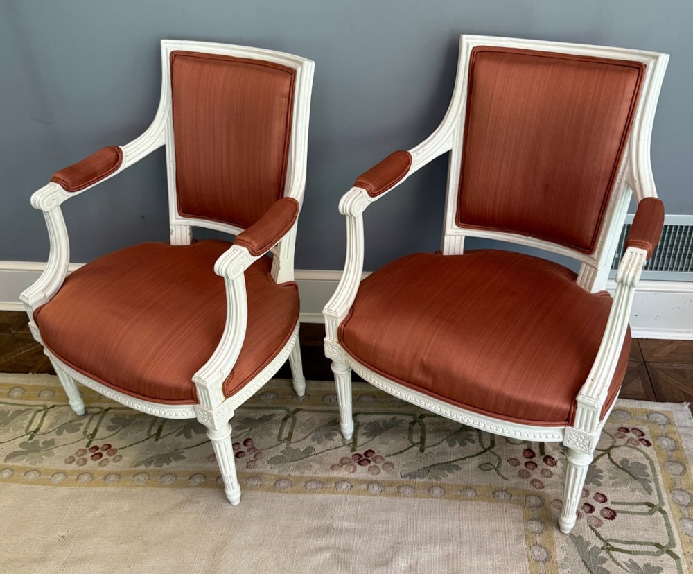 Pair of Louis XVI Painted Upholstered Armchairs: Pair of Louis XVI style painted upholstered armchairs, 33" H x 23" W x 25" D. Provenance: Mitchell-Armour Estate.