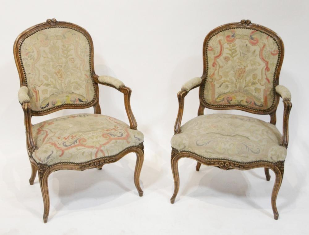 Pair of 19th/20thC French Needlepoint Armchairs: Pair of late 19th/early 20th century French needlepoint armchairs. Provenance: Mitchell-Armour Estate.