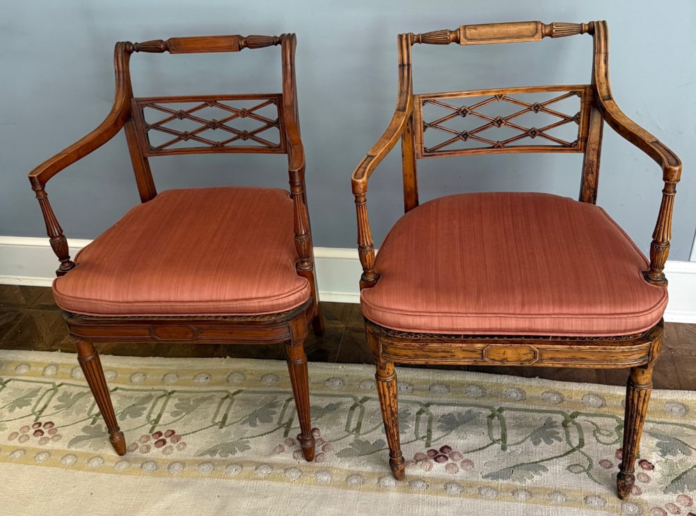 Pair of English Sheraton Armchairs: Pair of English Sheraton armchairs, one 19th century, the other 20th century. Provenance: Mitchell-Armour Estate.