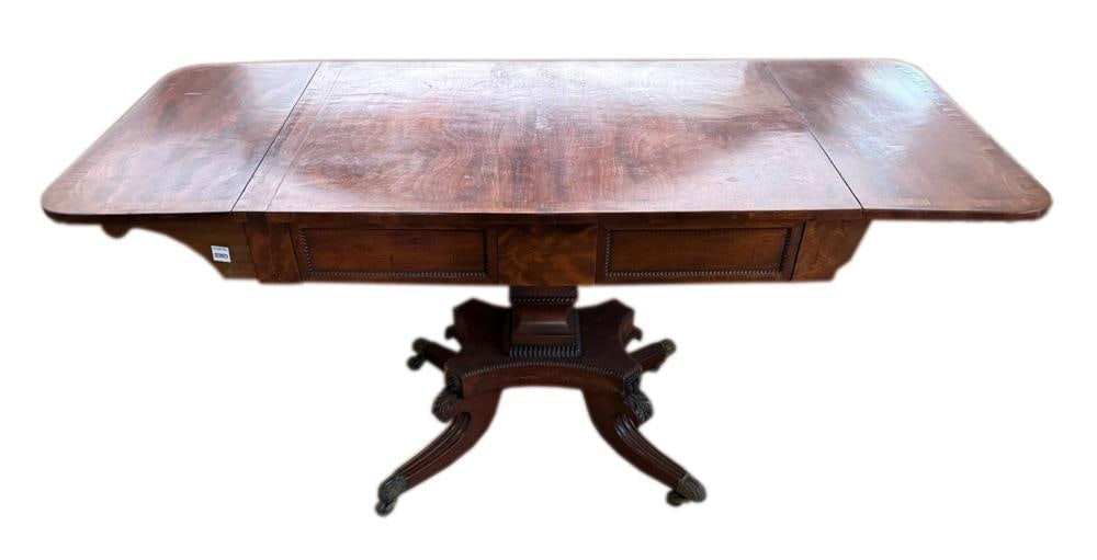 19thC English Regency Mahogany Drop-leaf Table: 19th century English Regency mahogany drop-leaf table, 29" H x 59" W x 26" D. Provenance: Mitchell-Armour Estate.